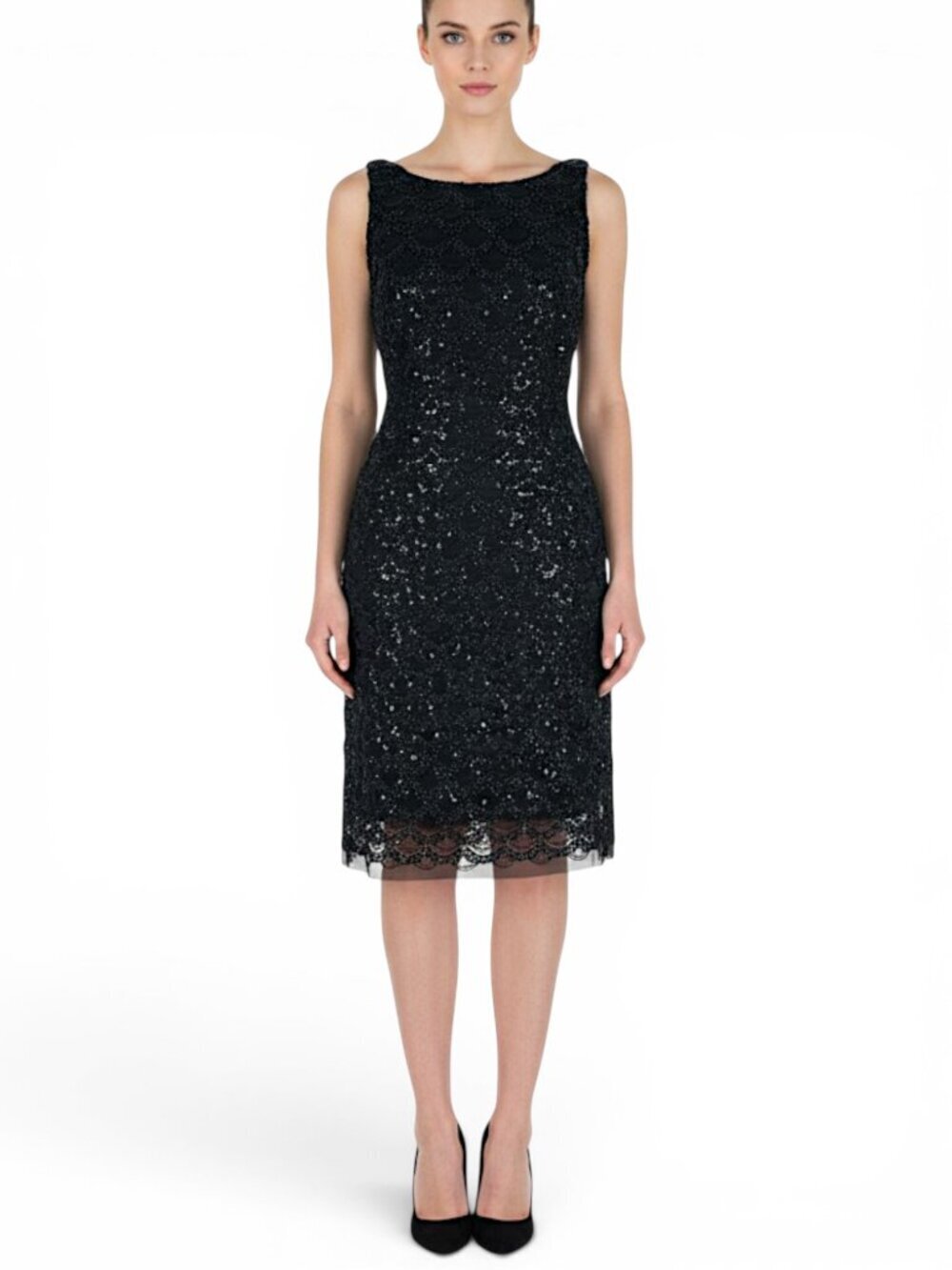SD Collection Black Scalloped Sequin Sleeveless Stretch Evening Sheath Dress 8